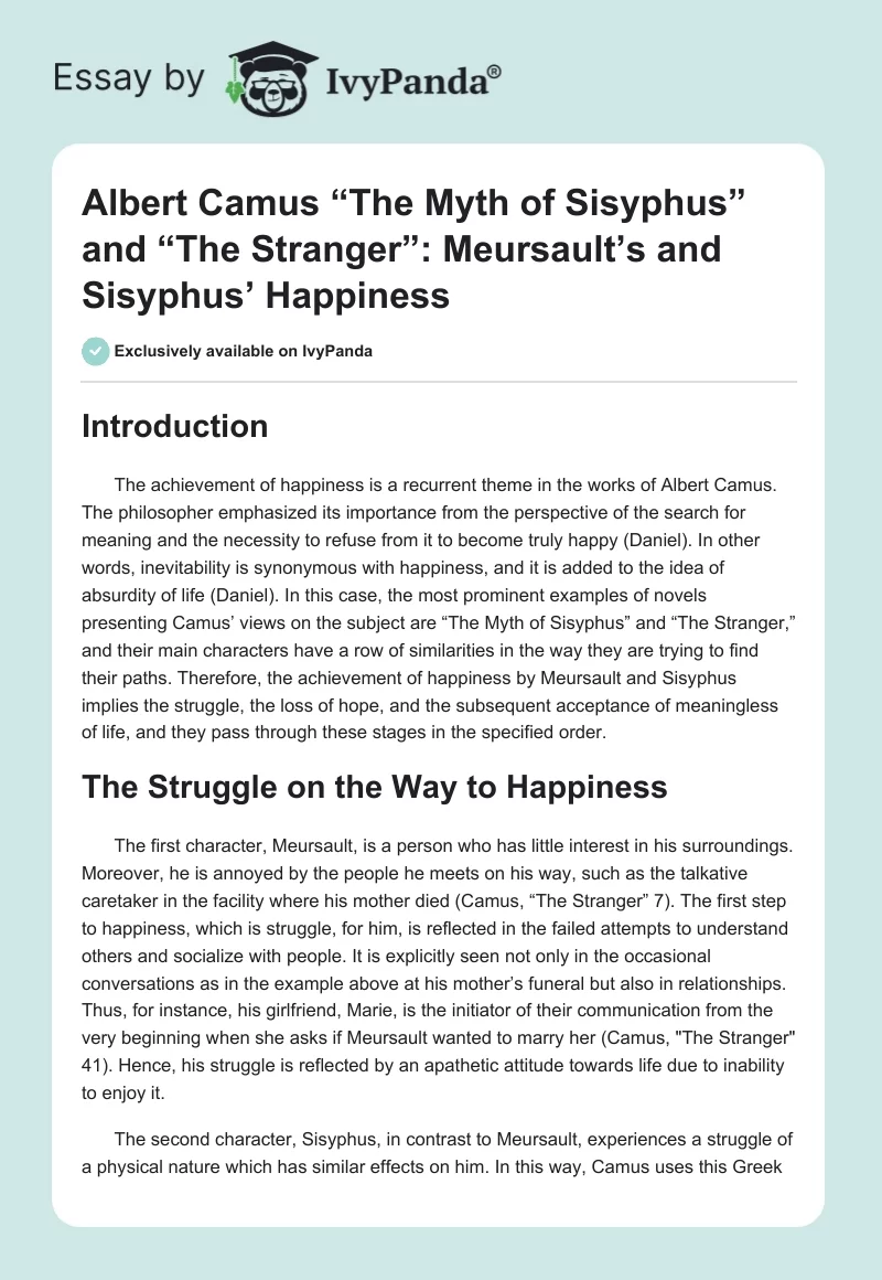 Albert Camus “The Myth of Sisyphus” and “The Stranger”: Meursault’s and Sisyphus’ Happiness. Page 1