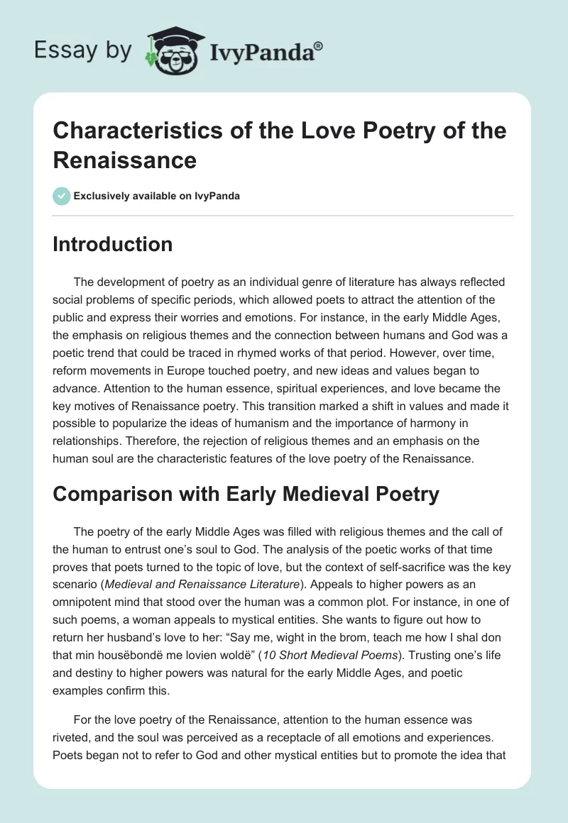 Characteristics of the Love Poetry of the Renaissance. Page 1