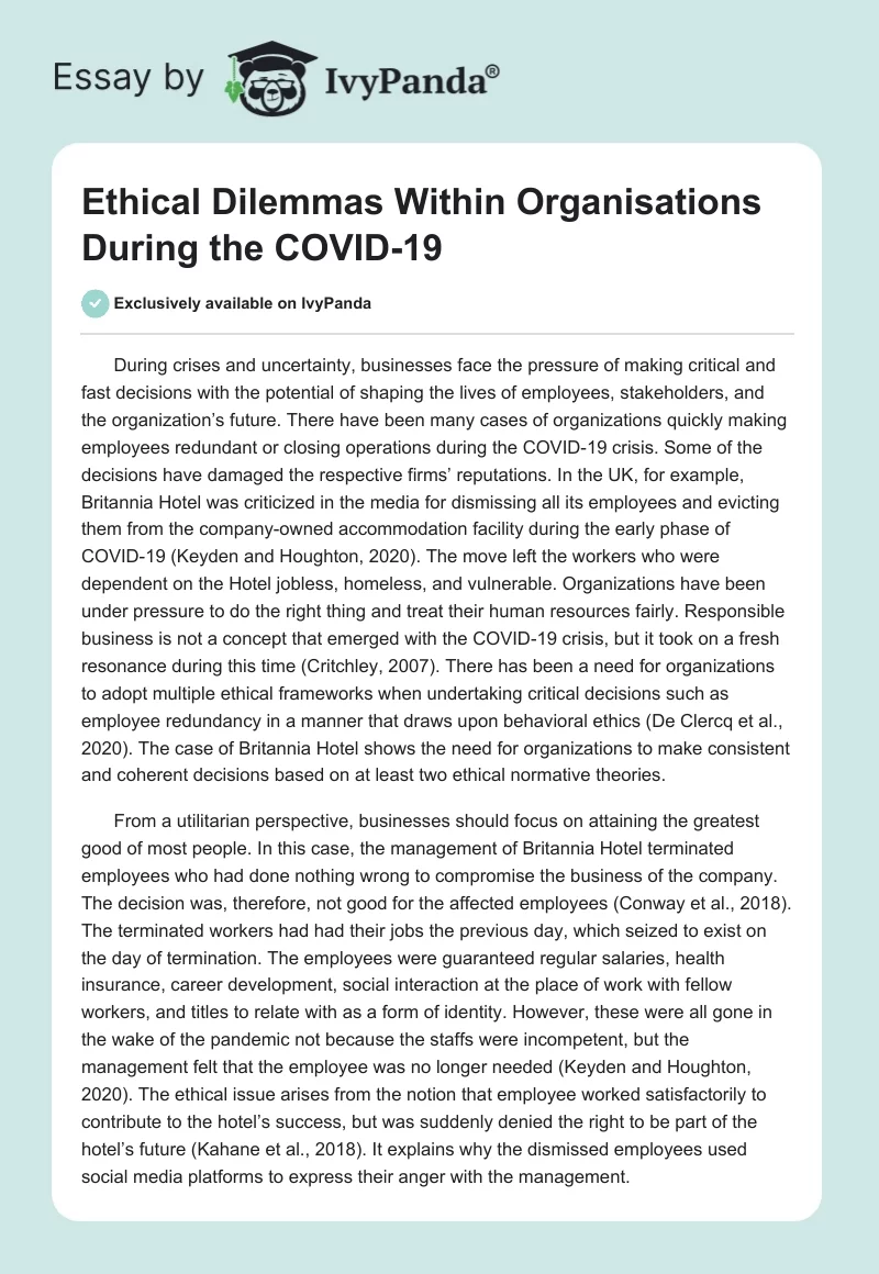 Ethical Dilemmas Within Organisations During the COVID-19. Page 1