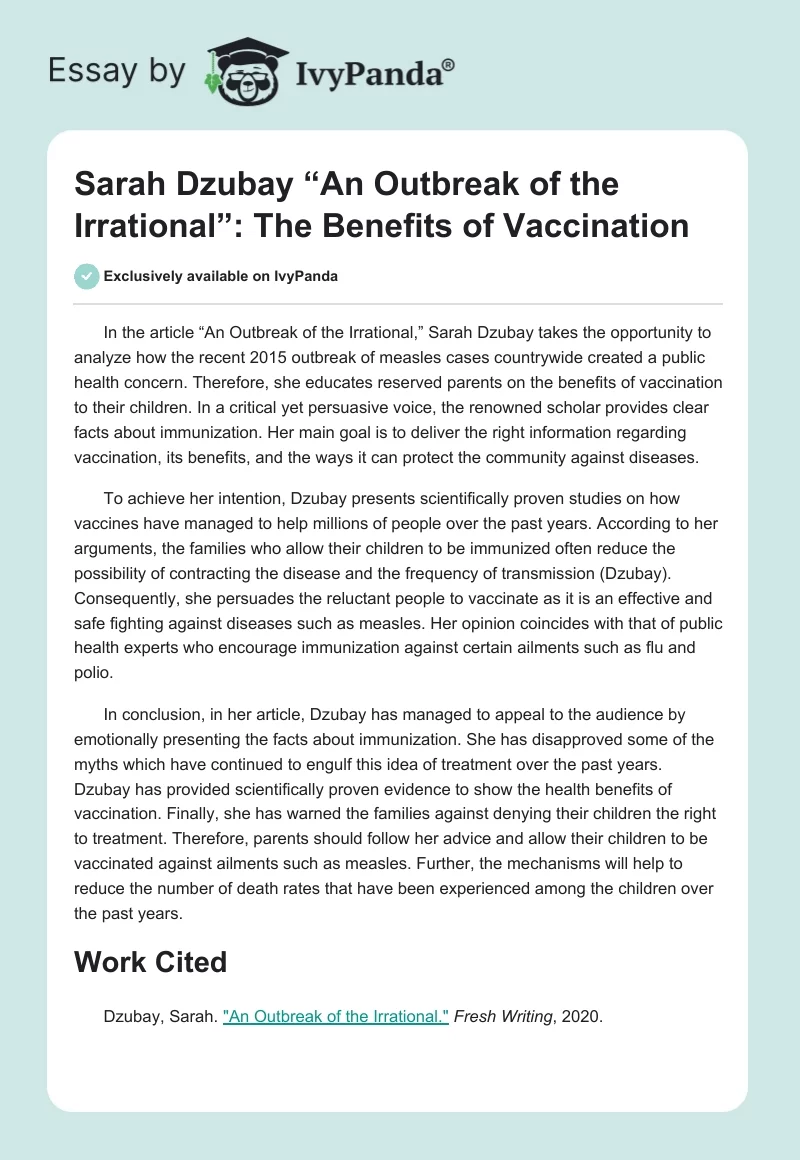 Sarah Dzubay “An Outbreak of the Irrational”: The Benefits of Vaccination. Page 1