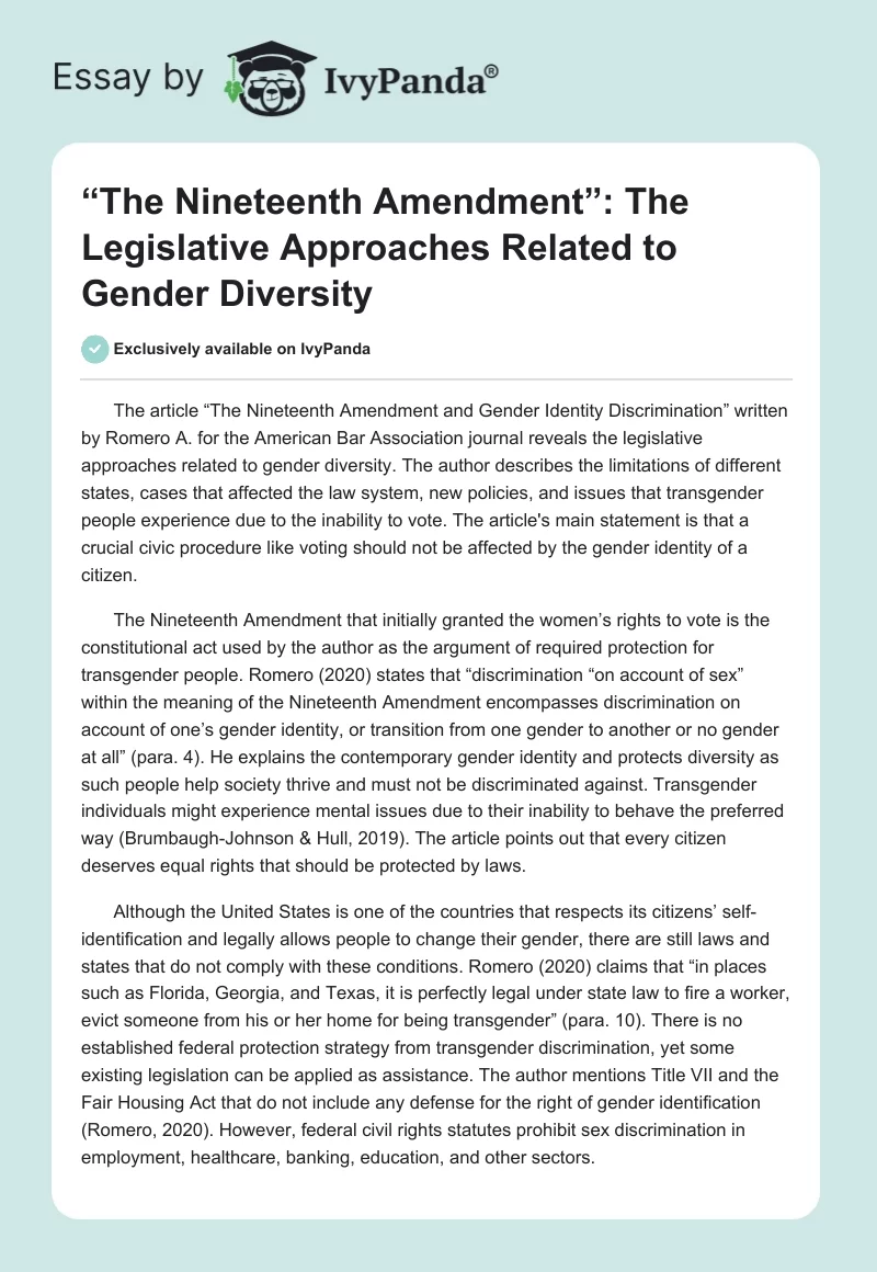 “The Nineteenth Amendment”: The Legislative Approaches Related to Gender Diversity. Page 1