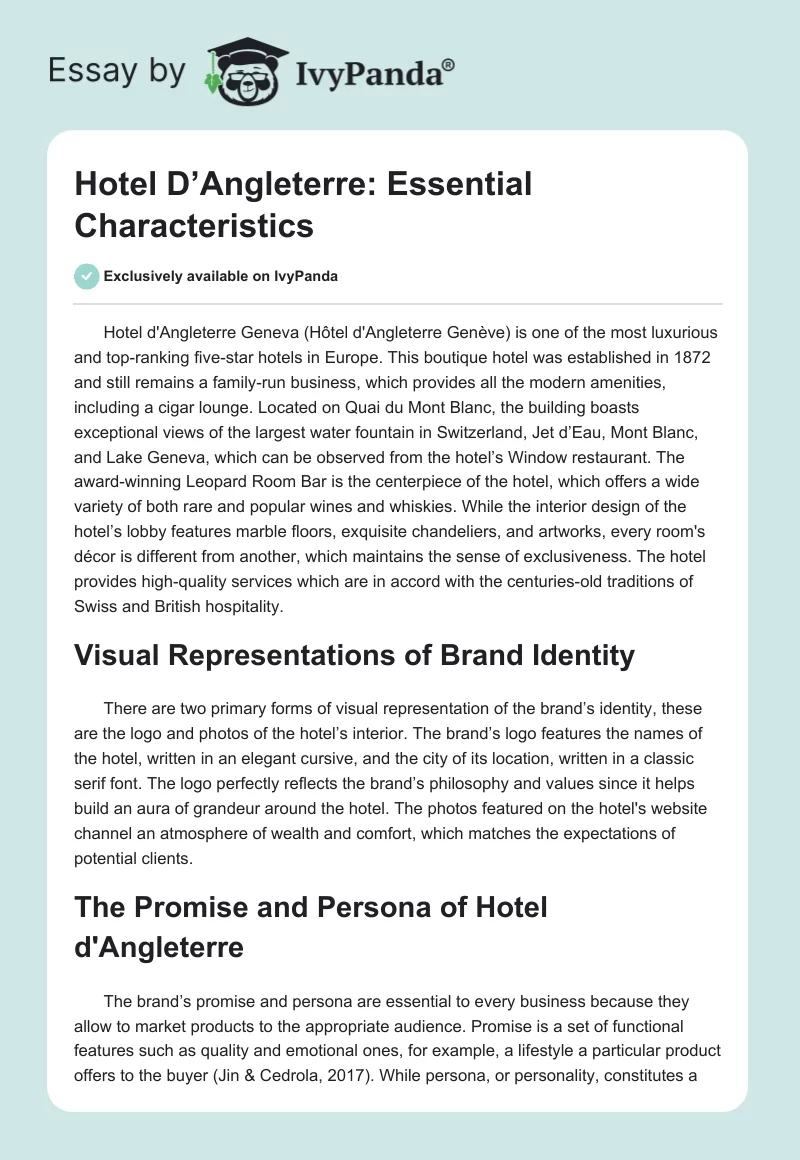 Hotel D’Angleterre: Essential Characteristics. Page 1