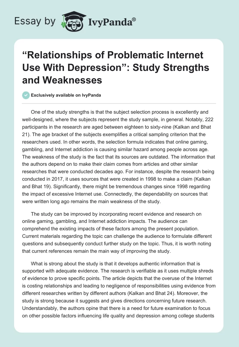 “Relationships of Problematic Internet Use With Depression”: Study Strengths and Weaknesses. Page 1