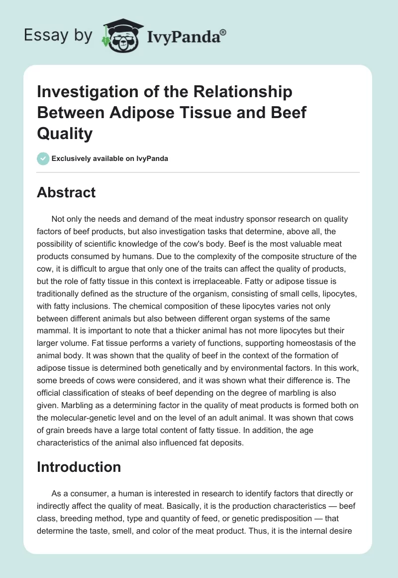 Investigation of the Relationship Between Adipose Tissue and Beef Quality. Page 1