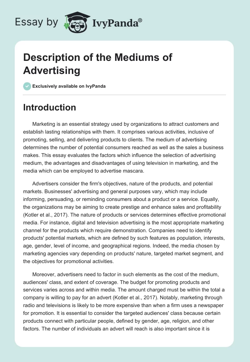 Description of the Mediums of Advertising. Page 1