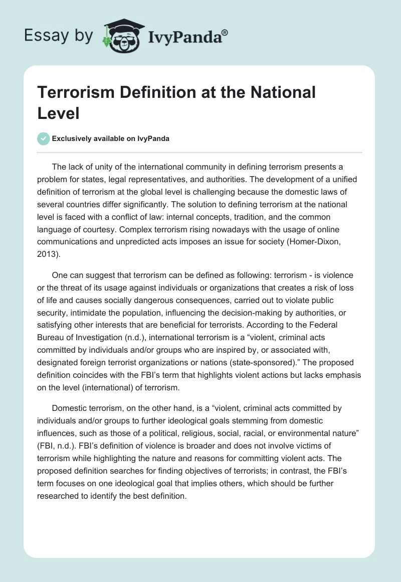 Terrorism Definition at the National Level. Page 1