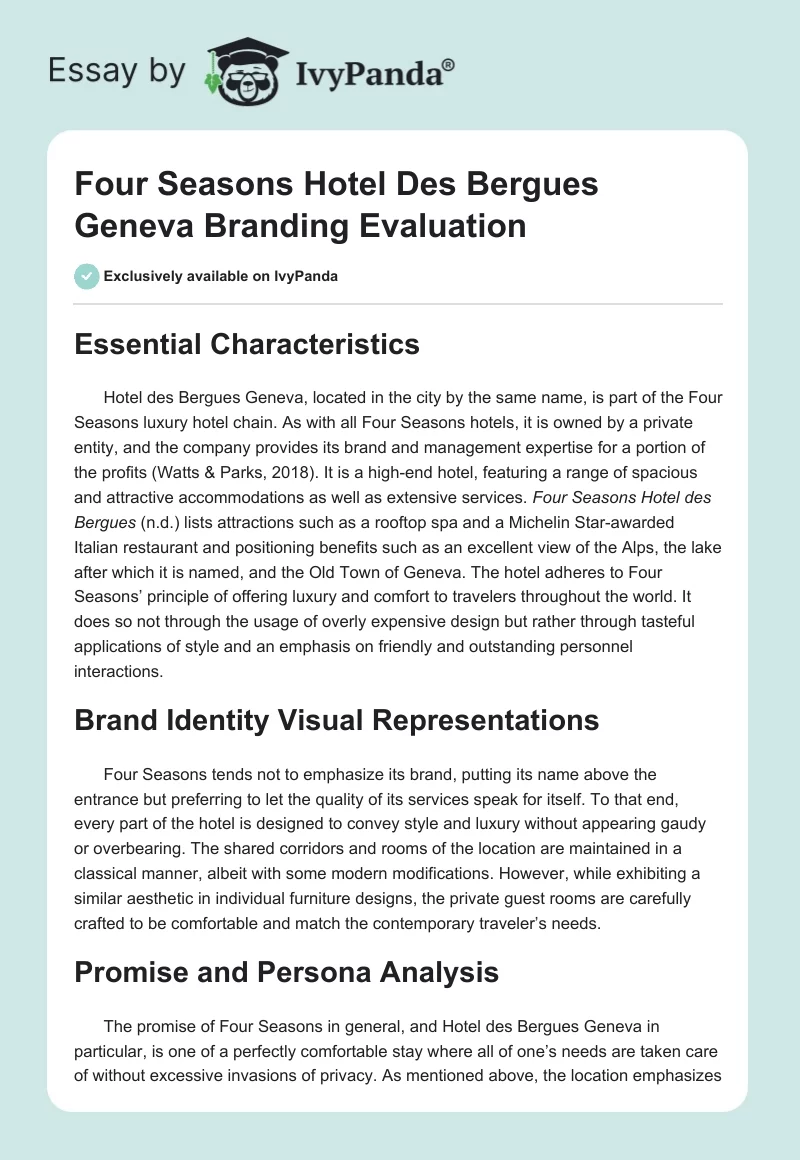 Four Seasons Hotel Des Bergues Geneva Branding Evaluation. Page 1