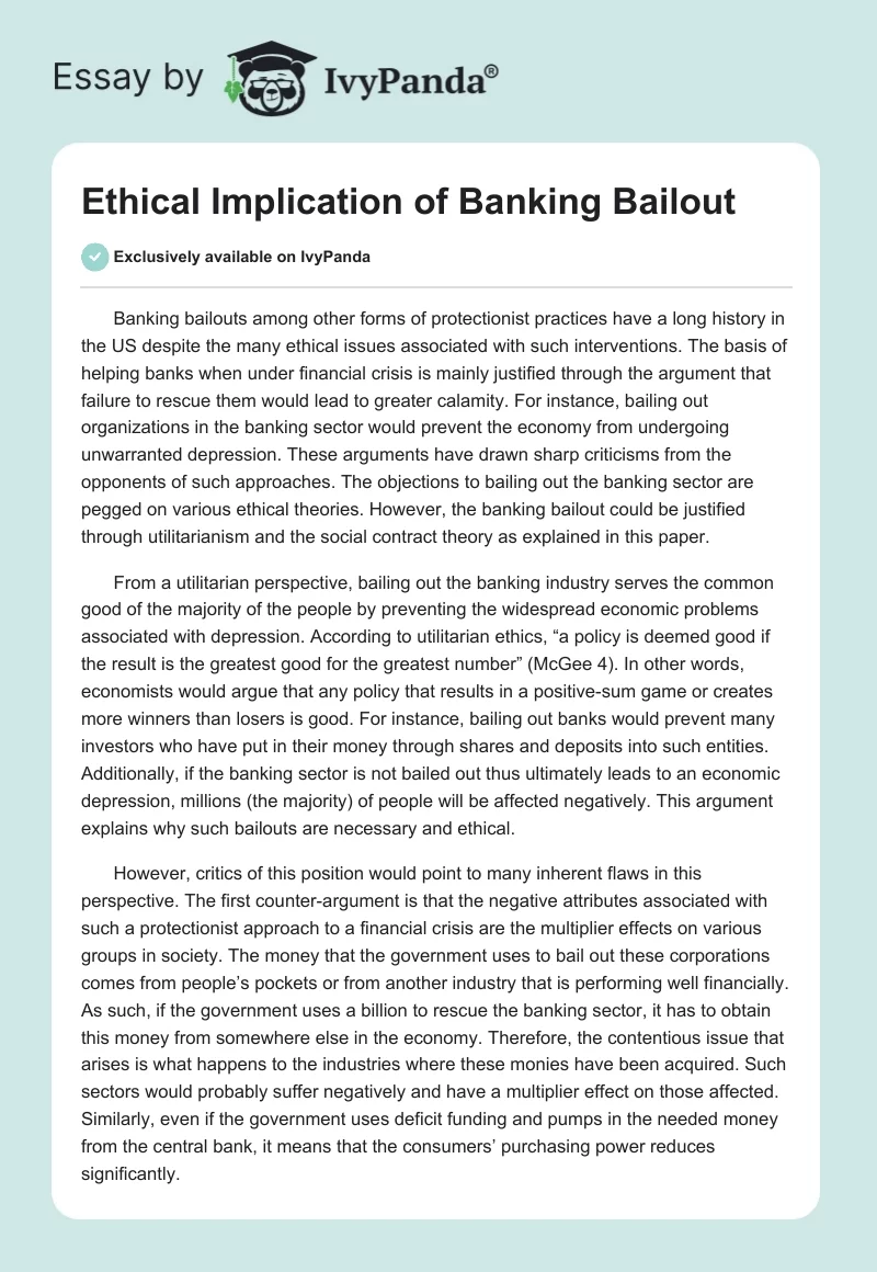 Ethical Implication of Banking Bailout. Page 1