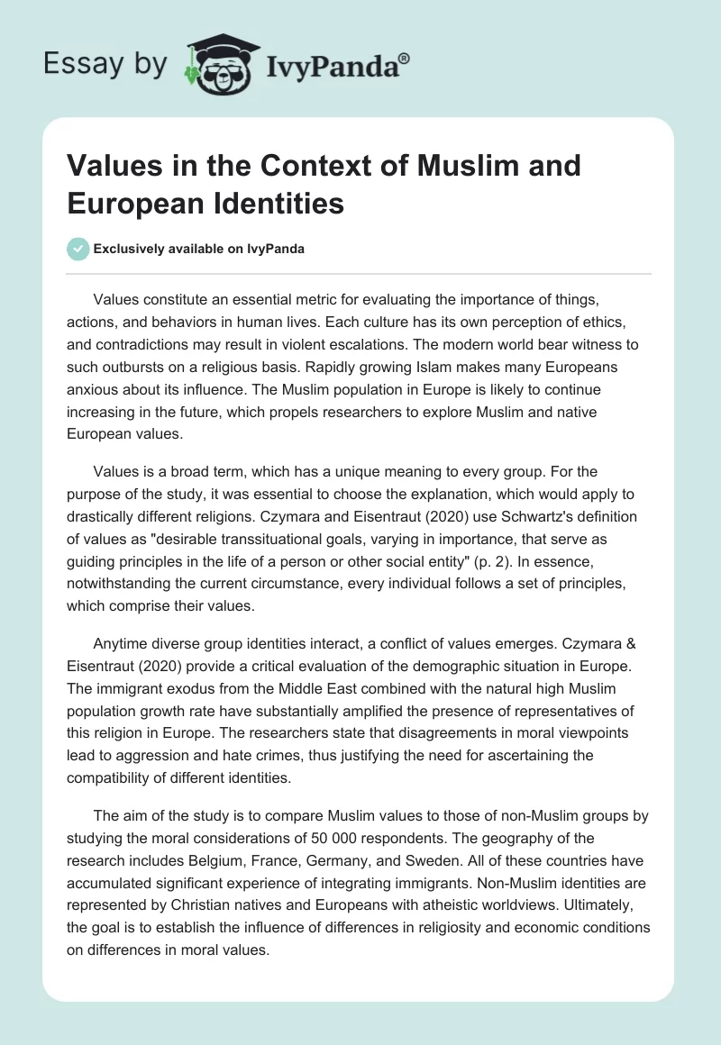 Values in the Context of Muslim and European Identities. Page 1