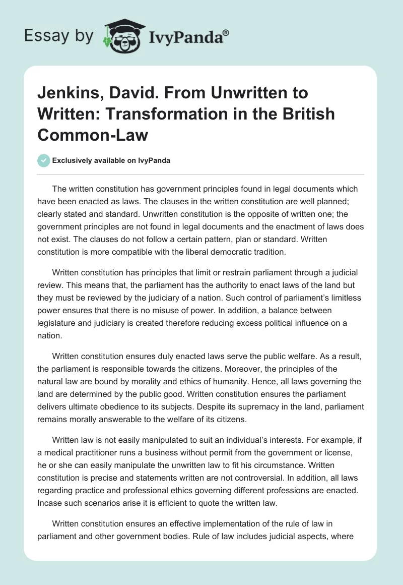Jenkins, David. "From Unwritten to Written: Transformation in the British Common-Law". Page 1