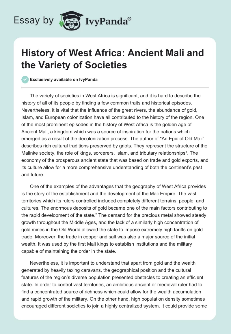 History of West Africa: Ancient Mali and the Variety of Societies. Page 1