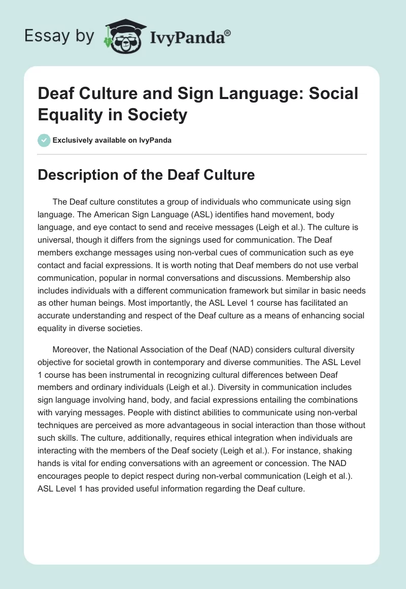 Deaf Culture and Sign Language: Social Equality in Society. Page 1