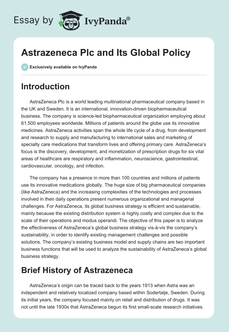 Astrazeneca Plc and Its Global Policy. Page 1