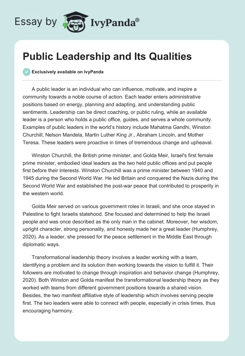 Public Leadership and Its Qualities. Page 1