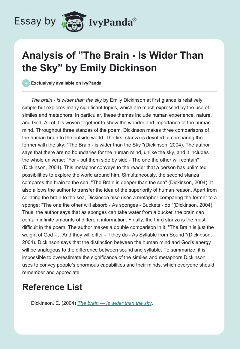 Analysis of ”The Brain - Is Wider Than the Sky” by Emily Dickinson. Page 1