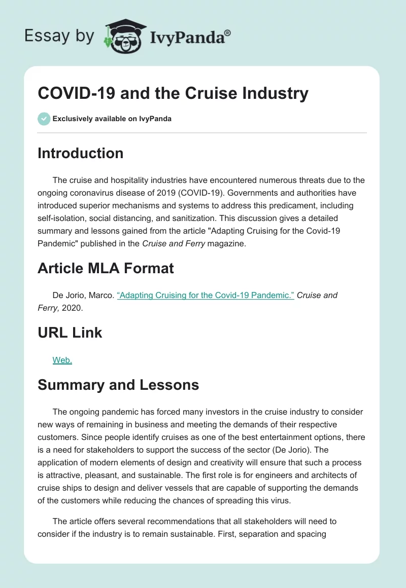 COVID-19 and the Cruise Industry. Page 1
