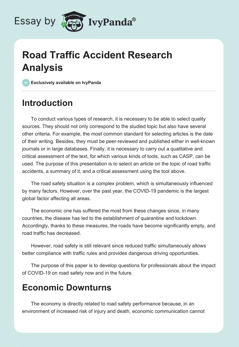 Road Traffic Accident Research Analysis. Page 1