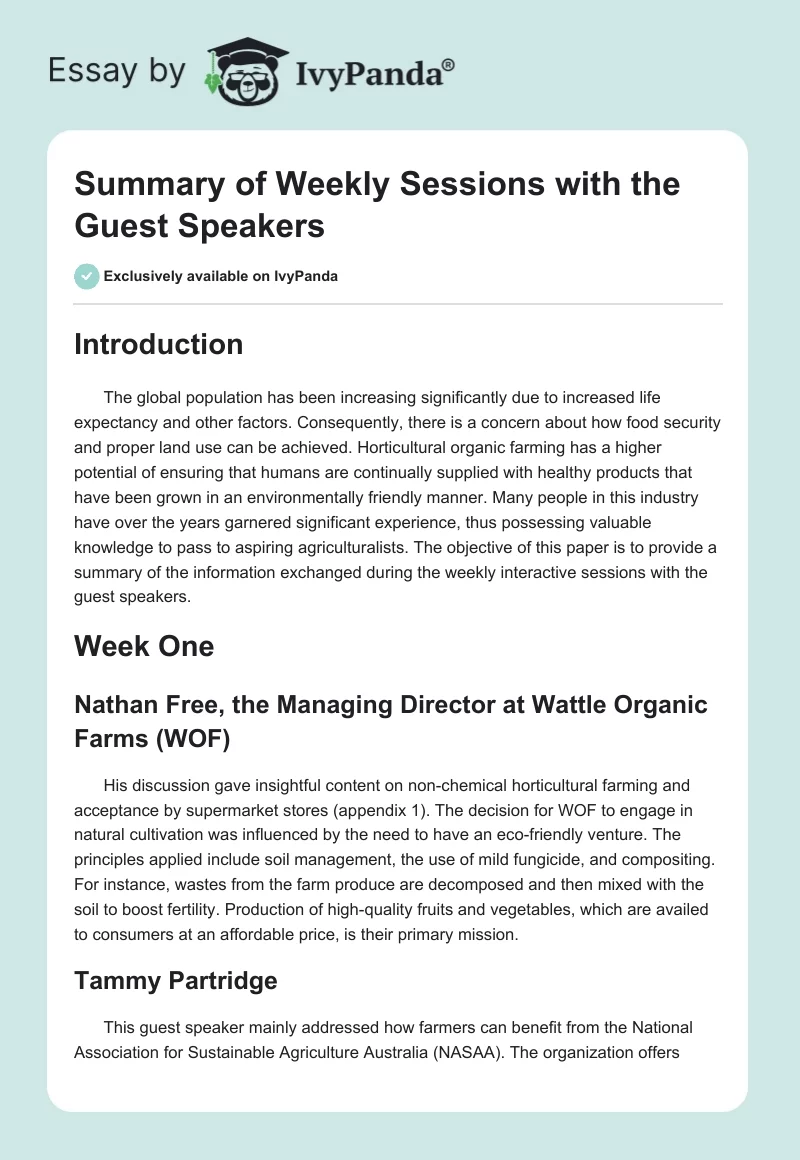 Summary of Weekly Sessions with the Guest Speakers. Page 1