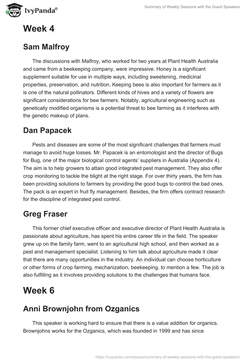 Summary of Weekly Sessions with the Guest Speakers. Page 4