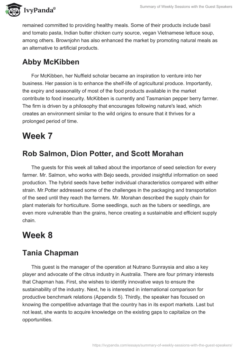 Summary of Weekly Sessions with the Guest Speakers. Page 5