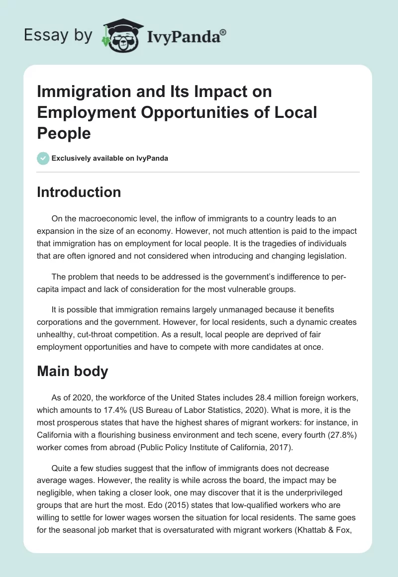 Immigration and Its Impact on Employment Opportunities of Local People. Page 1