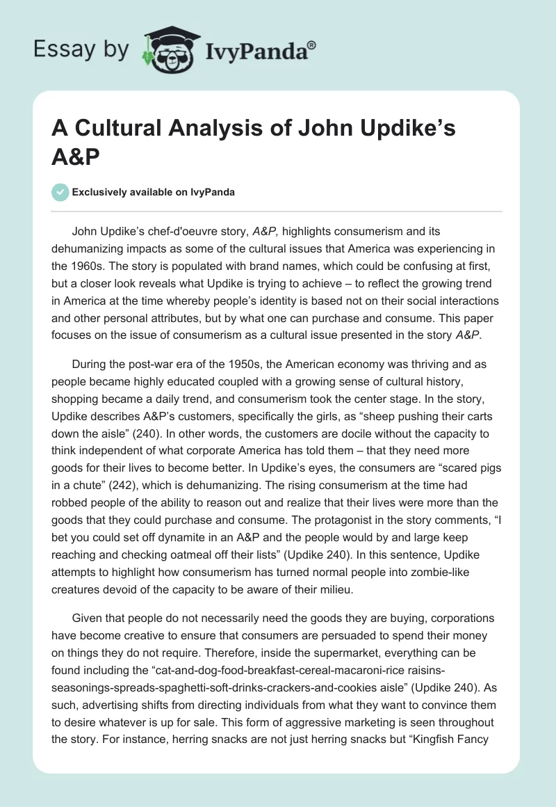 A Cultural Analysis of John Updike’s A&P. Page 1