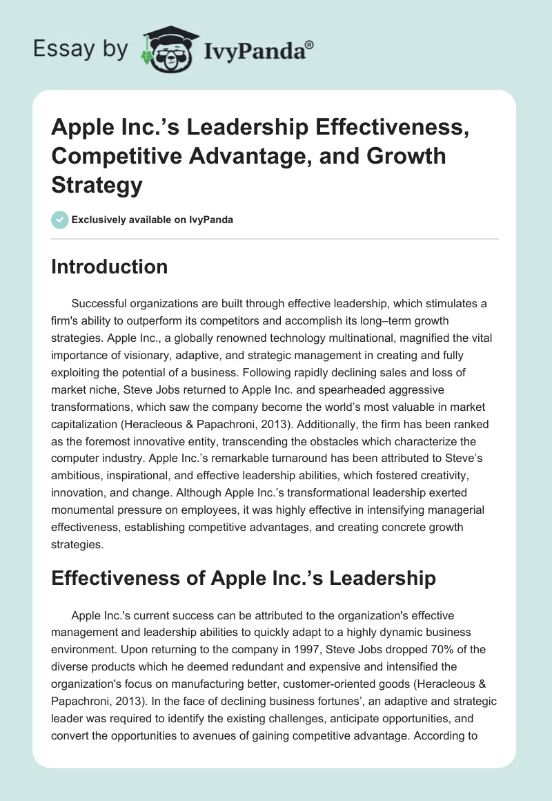 Apple Inc.’s Leadership Effectiveness, Competitive Advantage, and Growth Strategy. Page 1