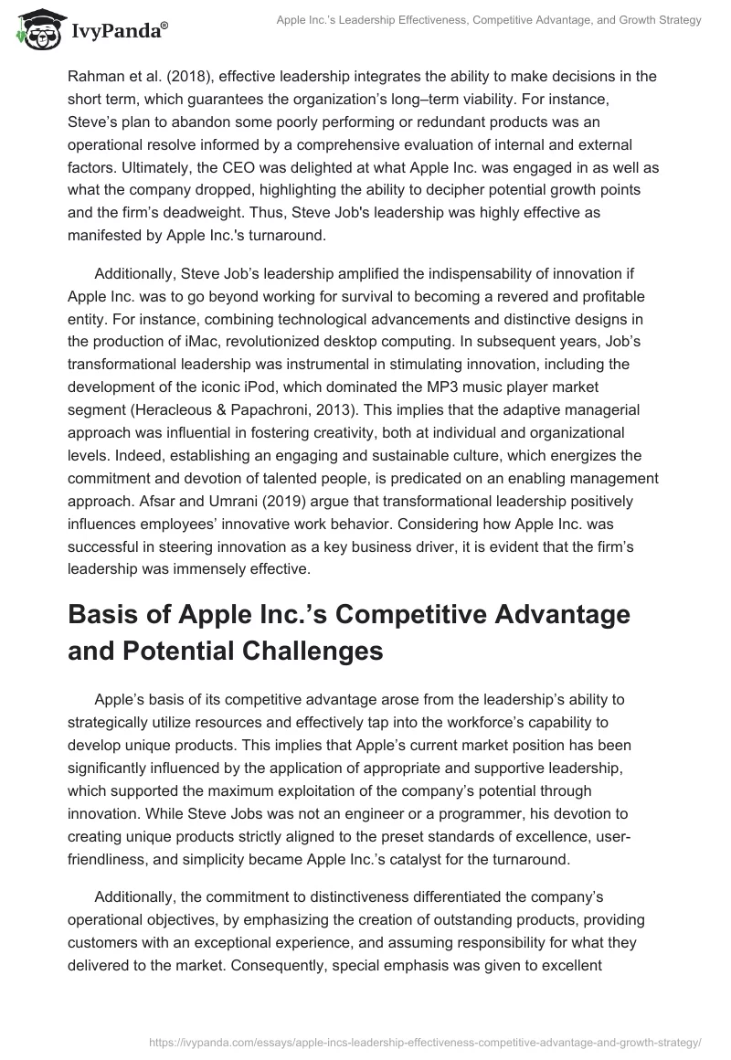 Apple Inc.’s Leadership Effectiveness, Competitive Advantage, and Growth Strategy. Page 2