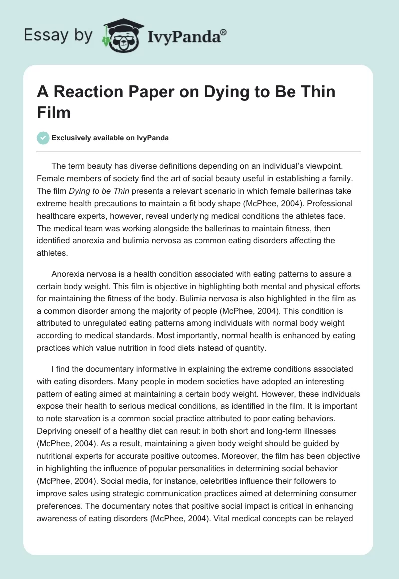 A Reaction Paper on Dying to Be Thin Film. Page 1