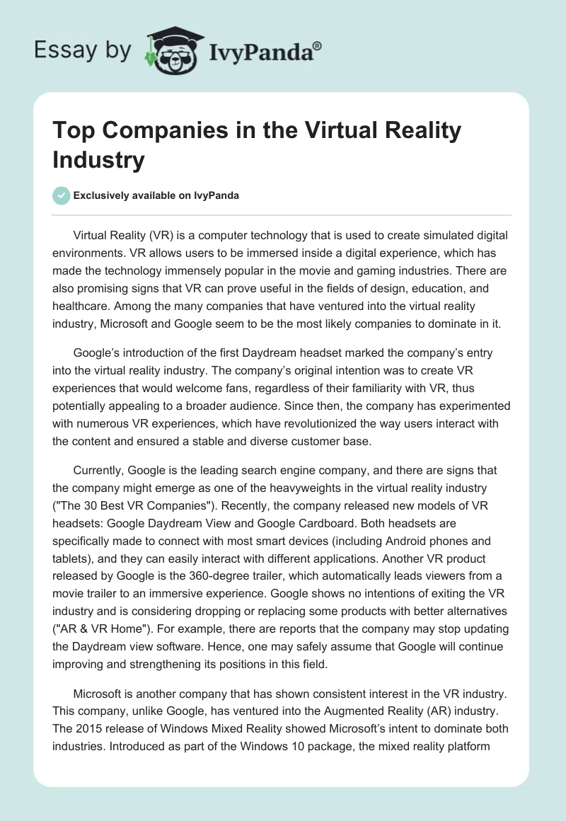 Top Companies in the Virtual Reality Industry. Page 1