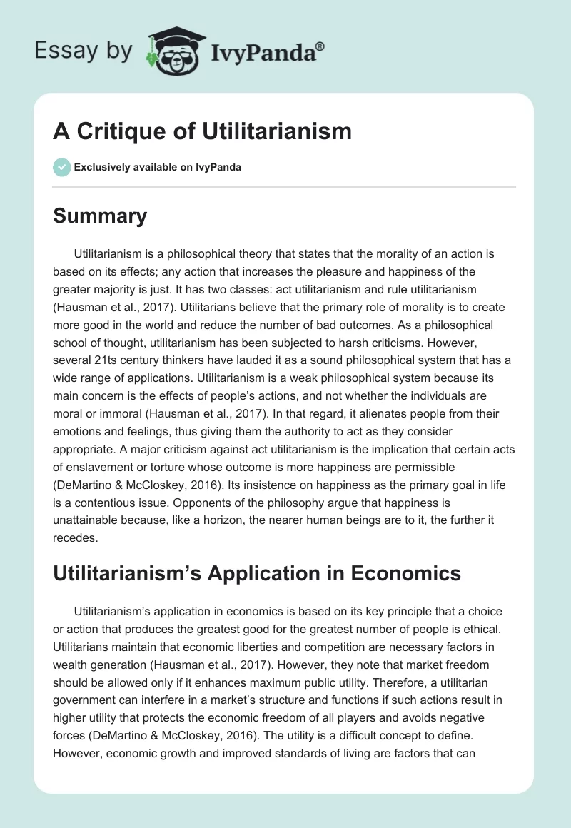 A Critique of Utilitarianism. Page 1