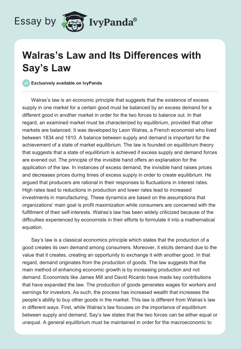 Walras’s Law and Its Differences with Say’s Law. Page 1