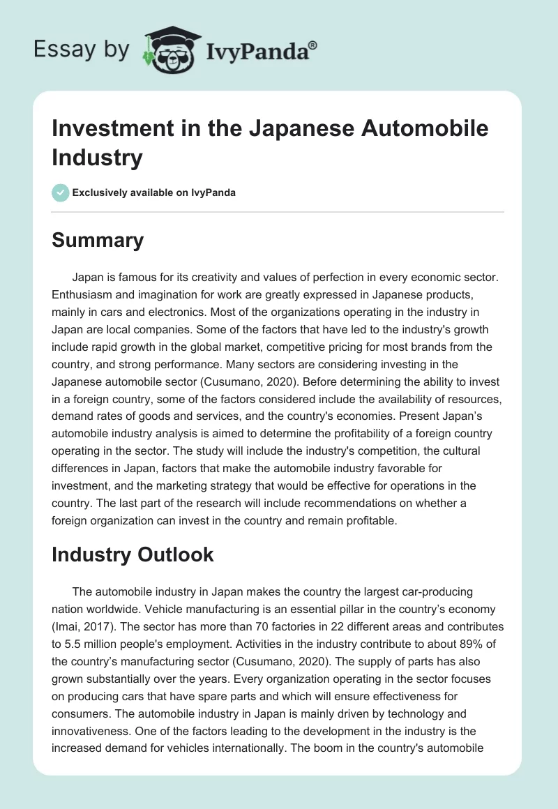 Investment in the Japanese Automobile Industry. Page 1