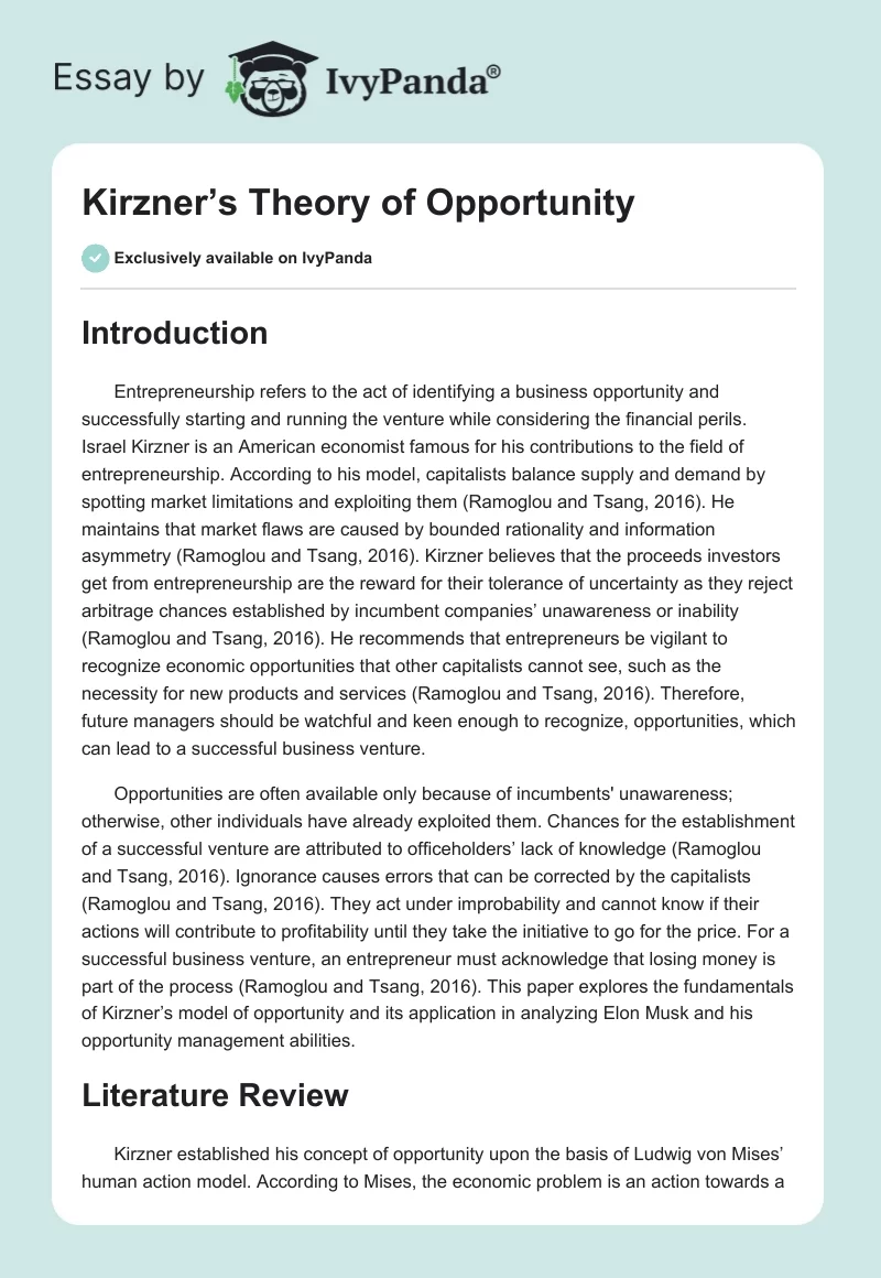 Kirzner’s Theory of Opportunity. Page 1