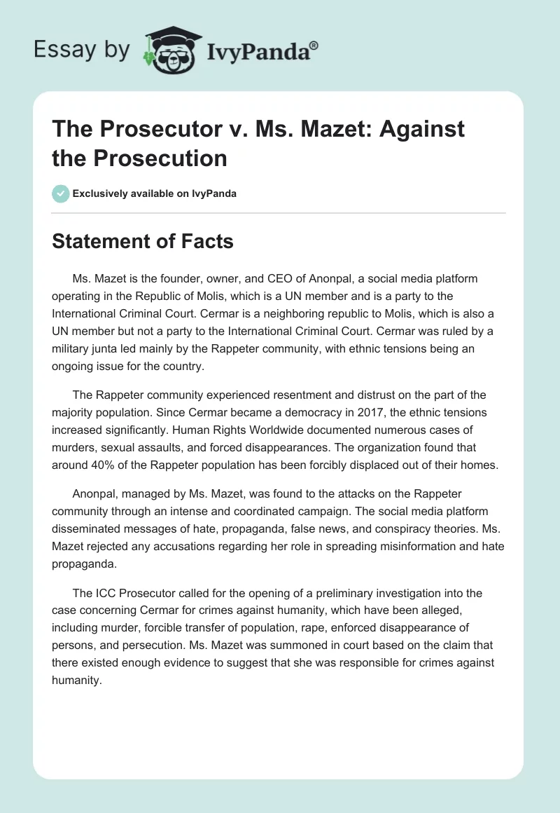 The Prosecutor v. Ms. Mazet: Against the Prosecution. Page 1