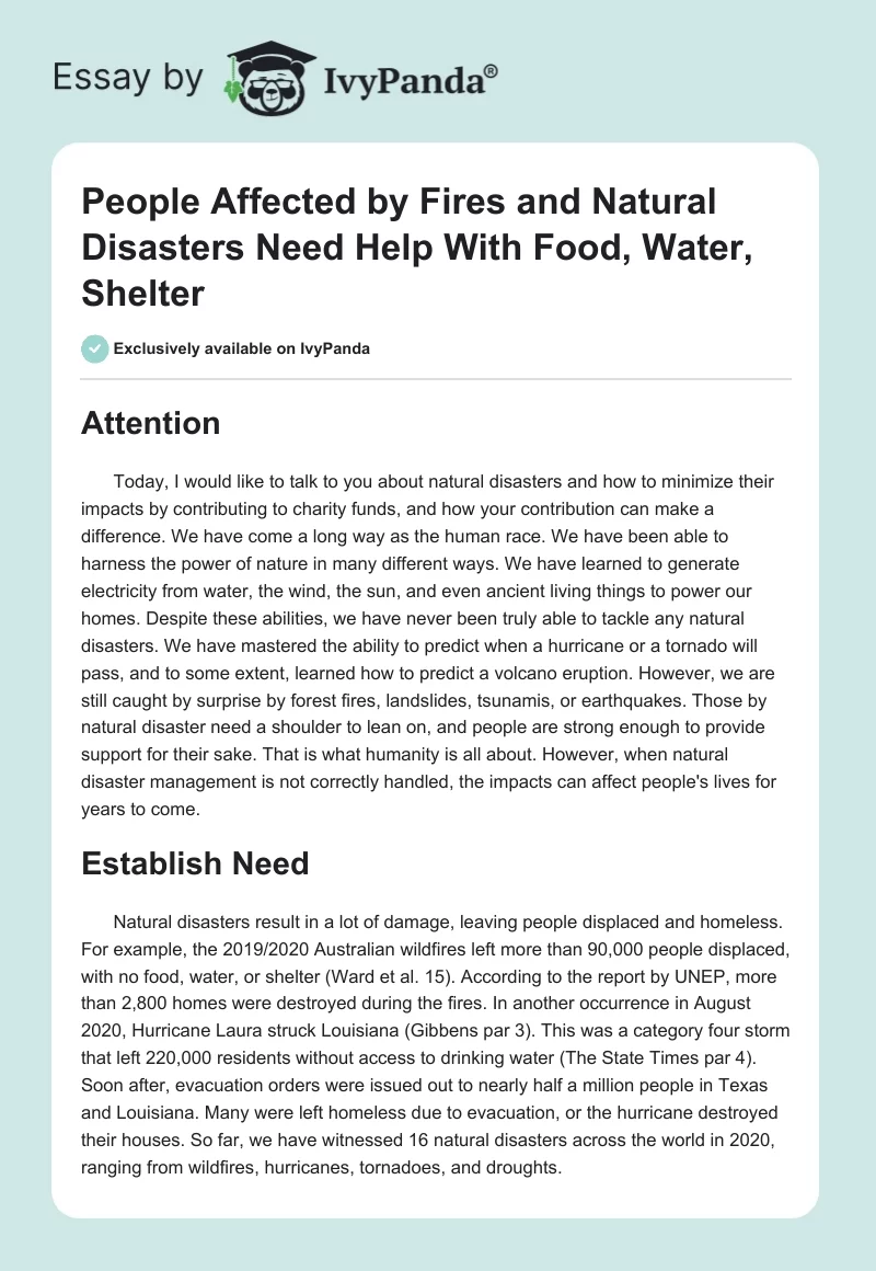 People Affected by Fires and Natural Disasters Need Help With Food, Water, Shelter. Page 1
