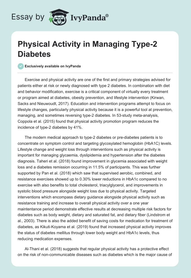 Physical Activity in Managing Type-2 Diabetes. Page 1