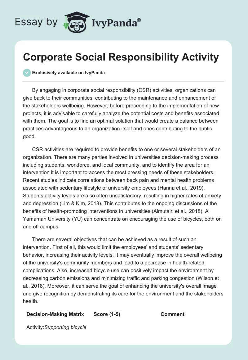 Corporate Social Responsibility Activity. Page 1