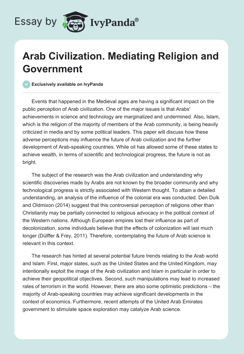 Arab Civilization. Mediating Religion and Government. Page 1