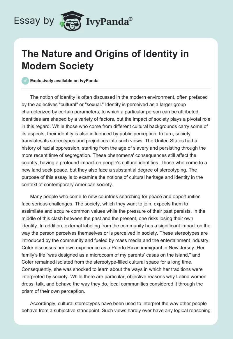 The Nature and Origins of Identity in Modern Society. Page 1