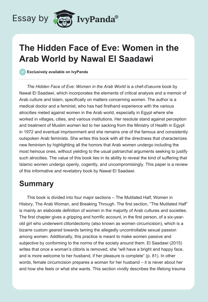 "The Hidden Face of Eve: Women in the Arab World" by Nawal El Saadawi. Page 1