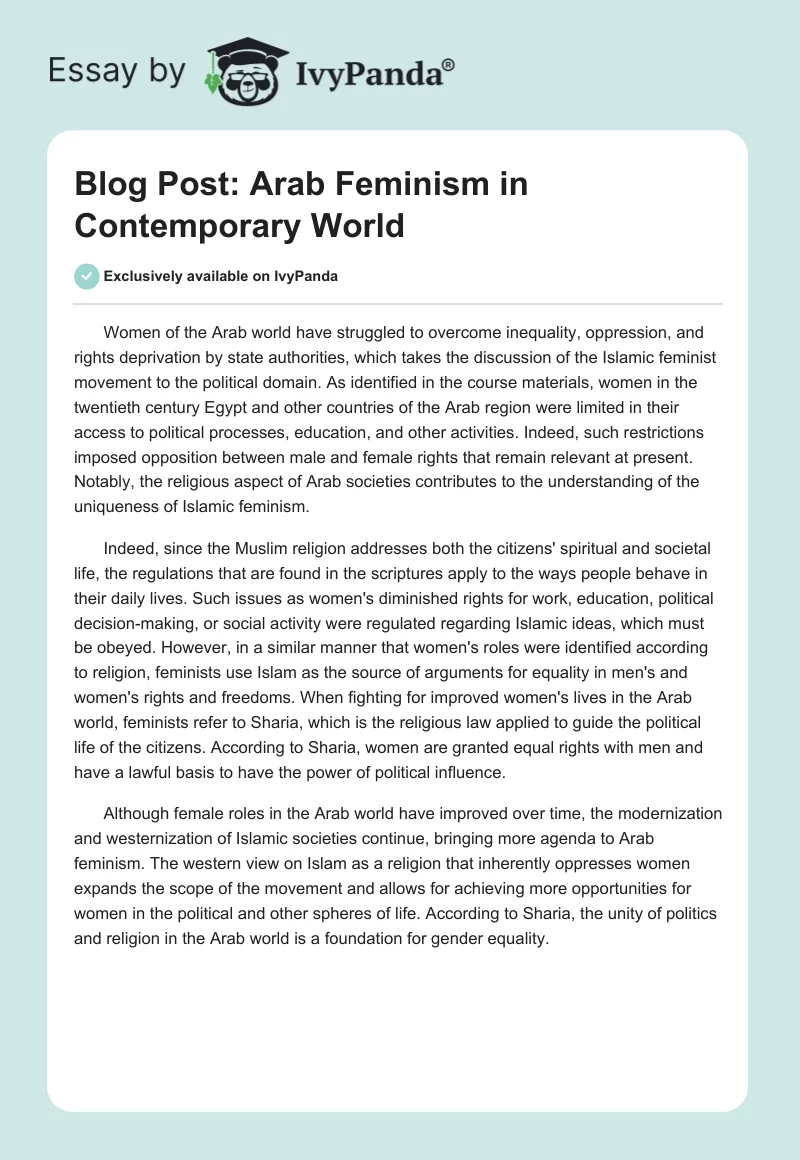 Blog Post: Arab Feminism in Contemporary World. Page 1