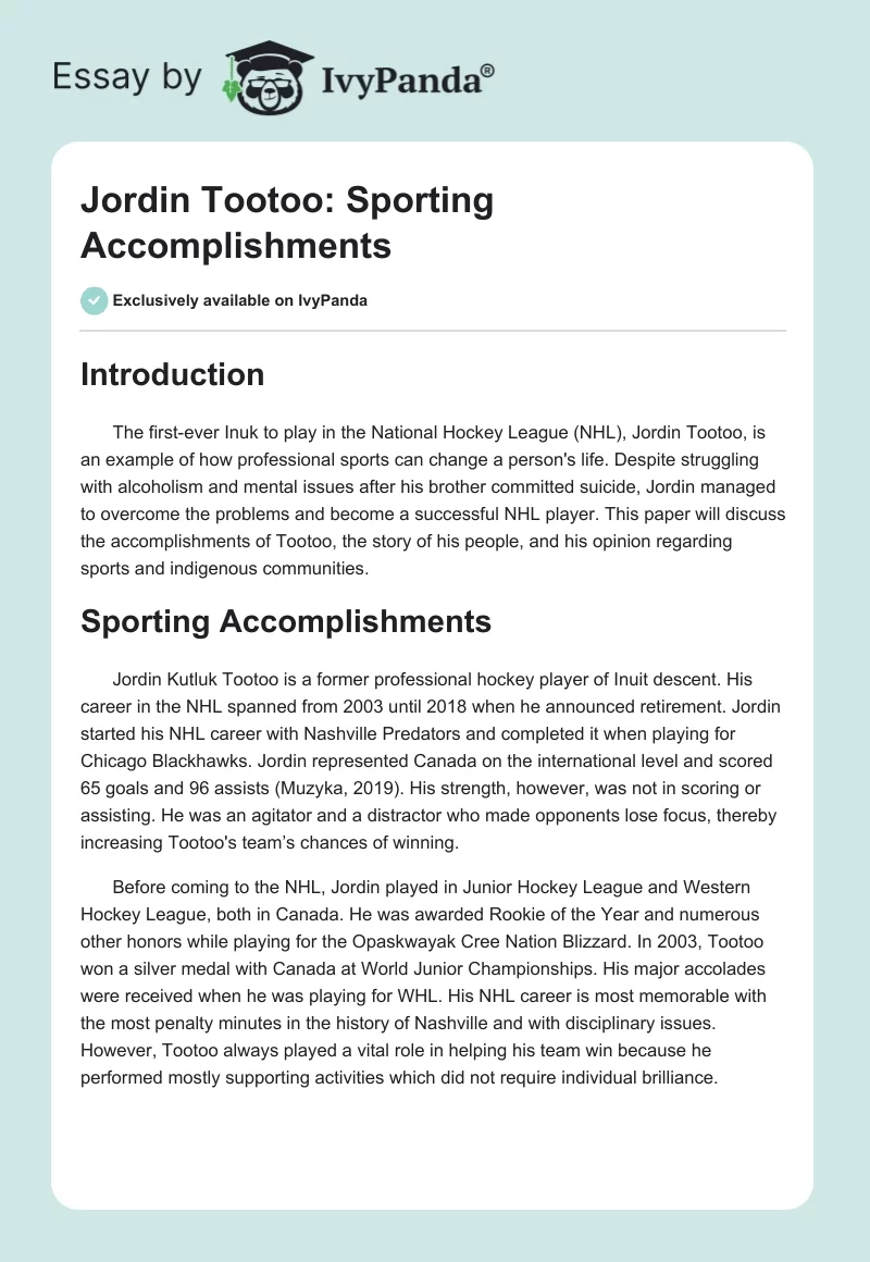 Jordin Tootoo: Sporting Accomplishments. Page 1