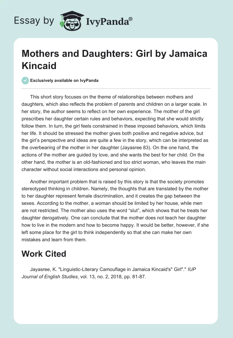 Mothers and Daughters: "Girl" by Jamaica Kincaid. Page 1
