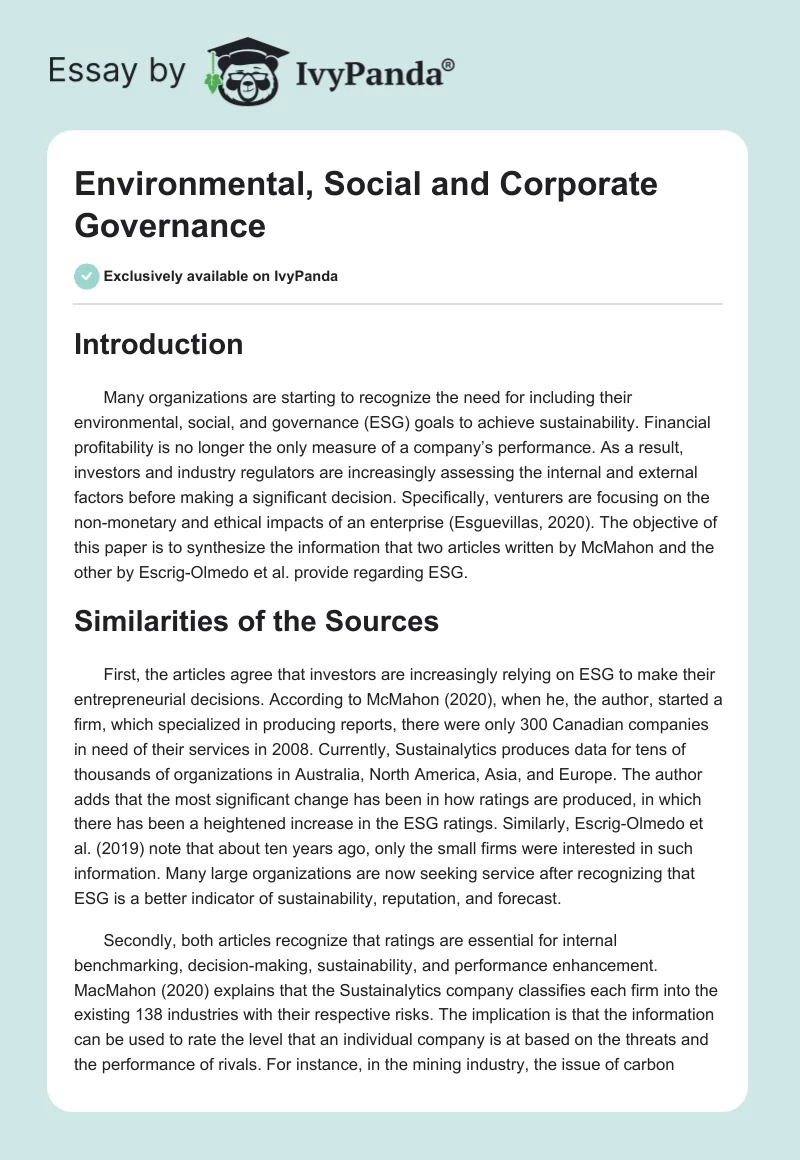 Environmental, Social and Corporate Governance. Page 1