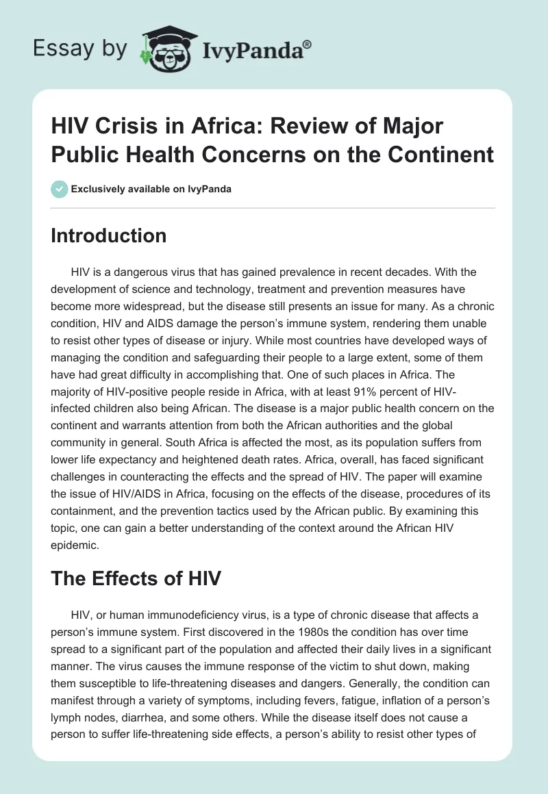 HIV Crisis in Africa: Review of Major Public Health Concerns on the Continent. Page 1