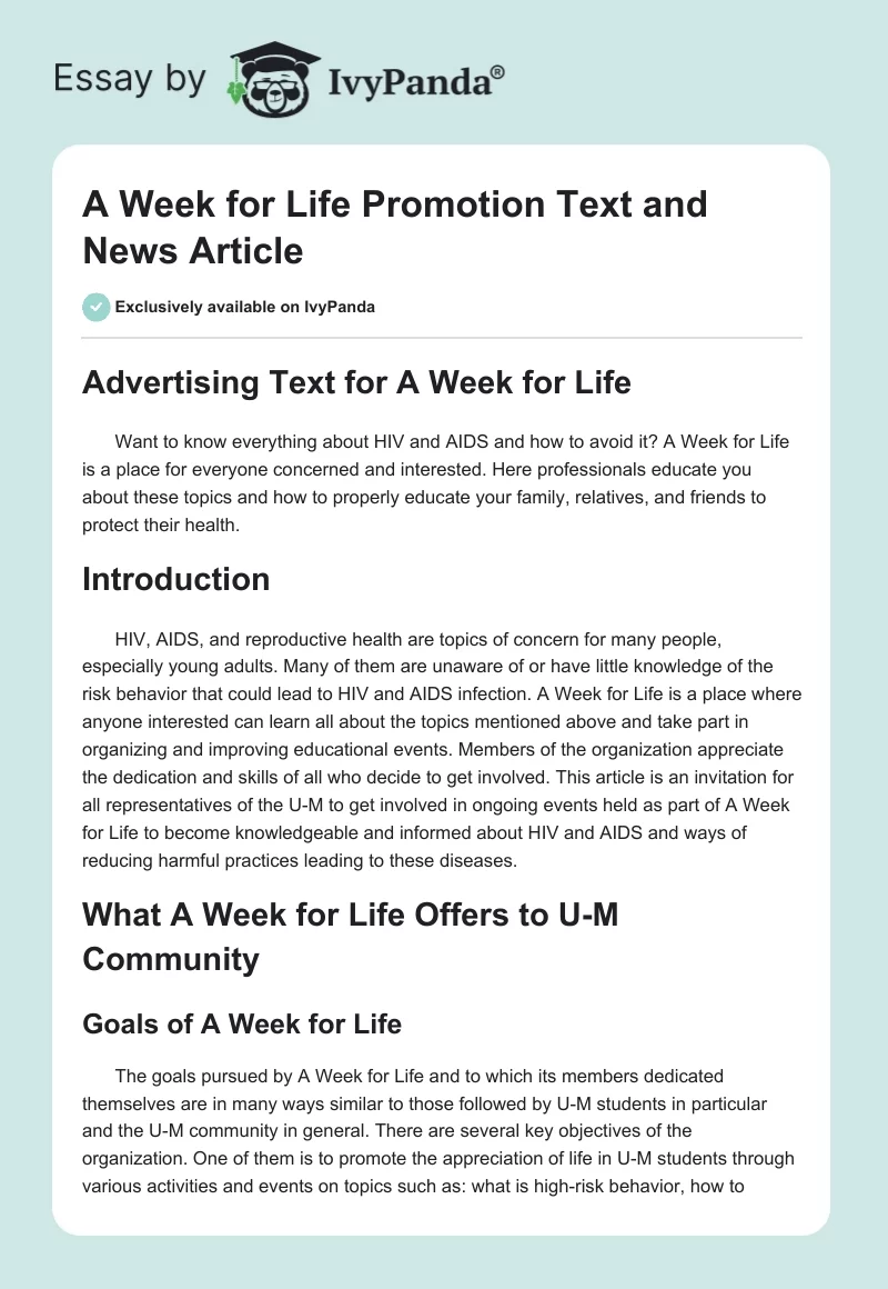 A Week for Life Promotion Text and News Article. Page 1
