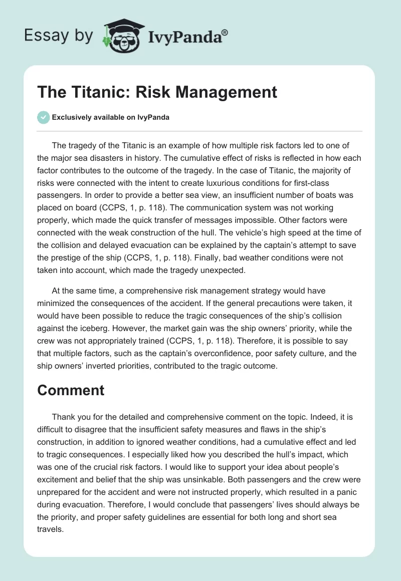 The Titanic: Risk Management. Page 1