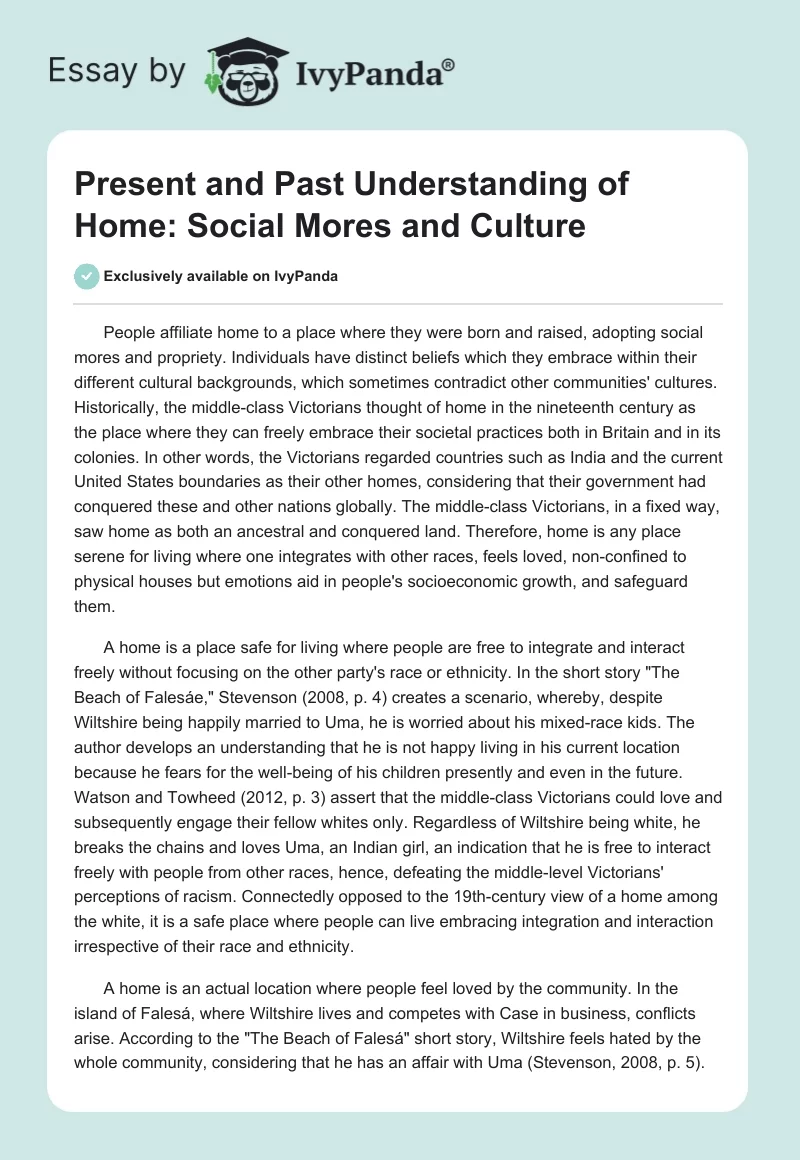 Present and Past Understanding of Home: Social Mores and Culture. Page 1