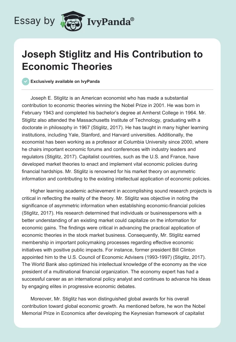 Joseph Stiglitz and His Contribution to Economic Theories. Page 1